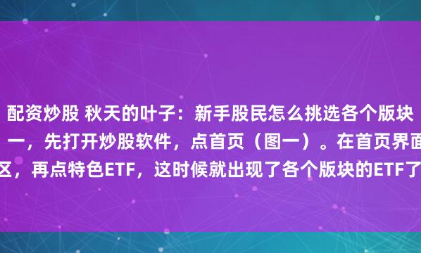 配资炒股 秋天的叶子：新手股民怎么挑选各个版块的龙头股？我来告诉你。一，先打开炒股软件，点首页（图一）。在首页界面点ETF专区，再点特色ETF，这时候就出现了各个版块的ETF了。你想选择什么版块的龙头股，...